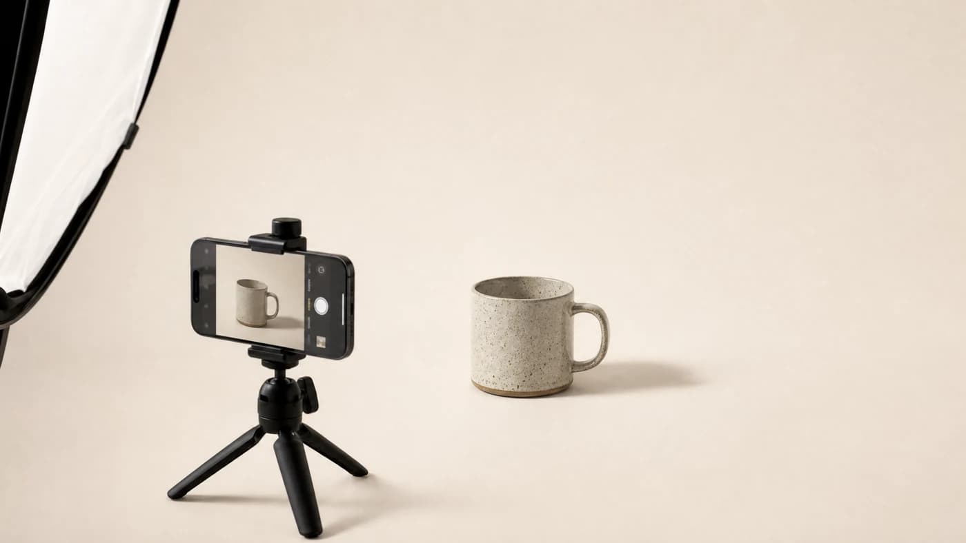A phone on a small tripod set up in front of a ceramic mug on a paper backdrop